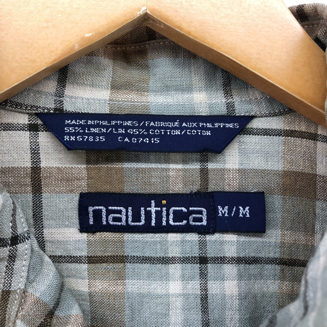 90'S NAUTICA Check Pattern Long Sleeve Linen x Cotton Button Down Shirt Men's M Size Vintage linen Beige type Vintage Second Hand