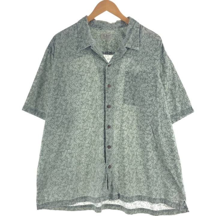 LLBean Leaf Pattern Short Sleeve Open Collar Cotton Shirt Box Shirt Men's XL Vintage cotton green type Vintage Second Hand