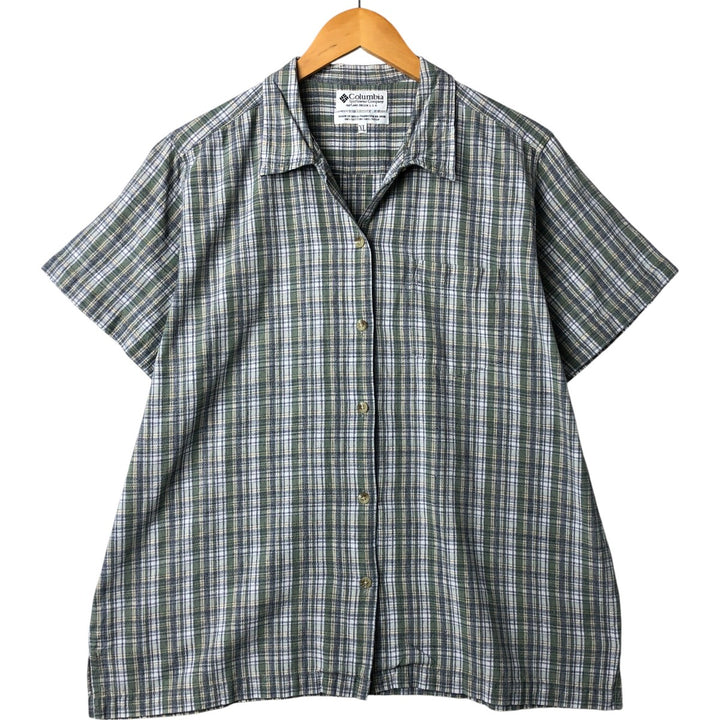 90s~00'S Columbia Check Pattern Short Sleeve Open Collar Cotton Shirt Box Shirt Women's XL Vintage cotton Khaki type sage green Vintage Second Hand