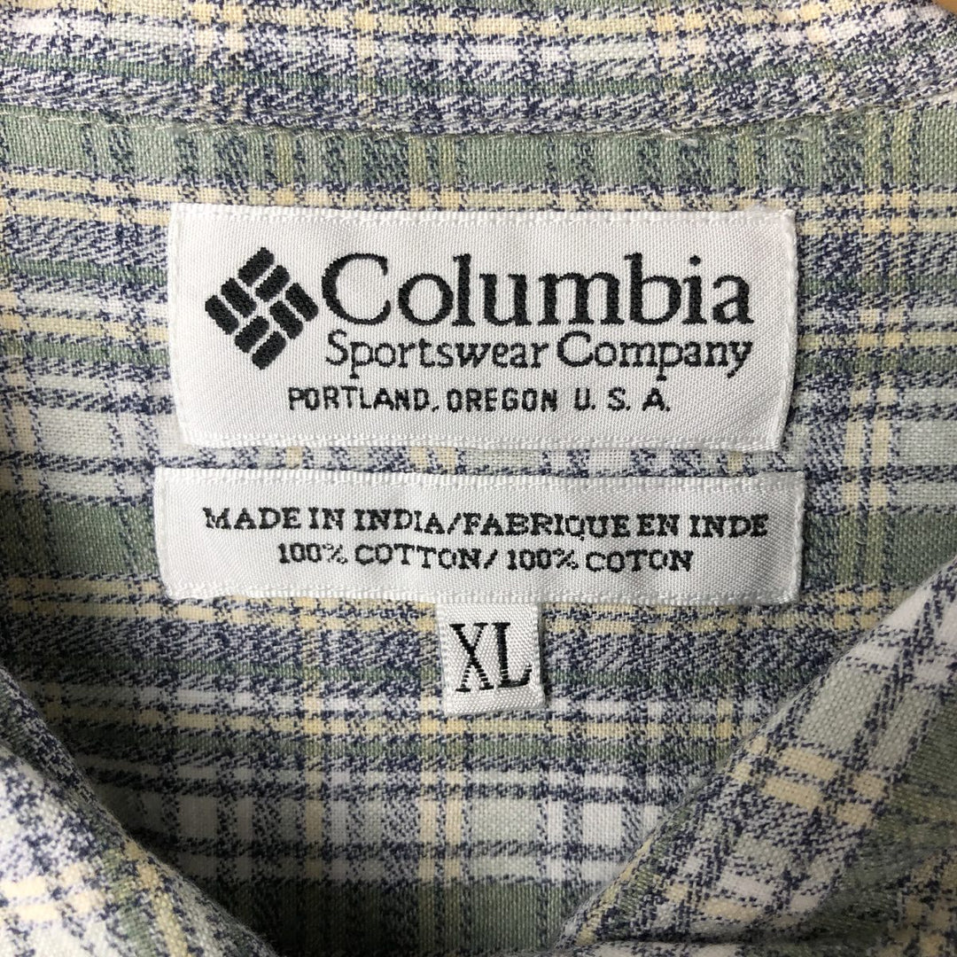 90s~00'S Columbia Check Pattern Short Sleeve Open Collar Cotton Shirt Box Shirt Women's XL Vintage cotton Khaki type sage green Vintage Second Hand