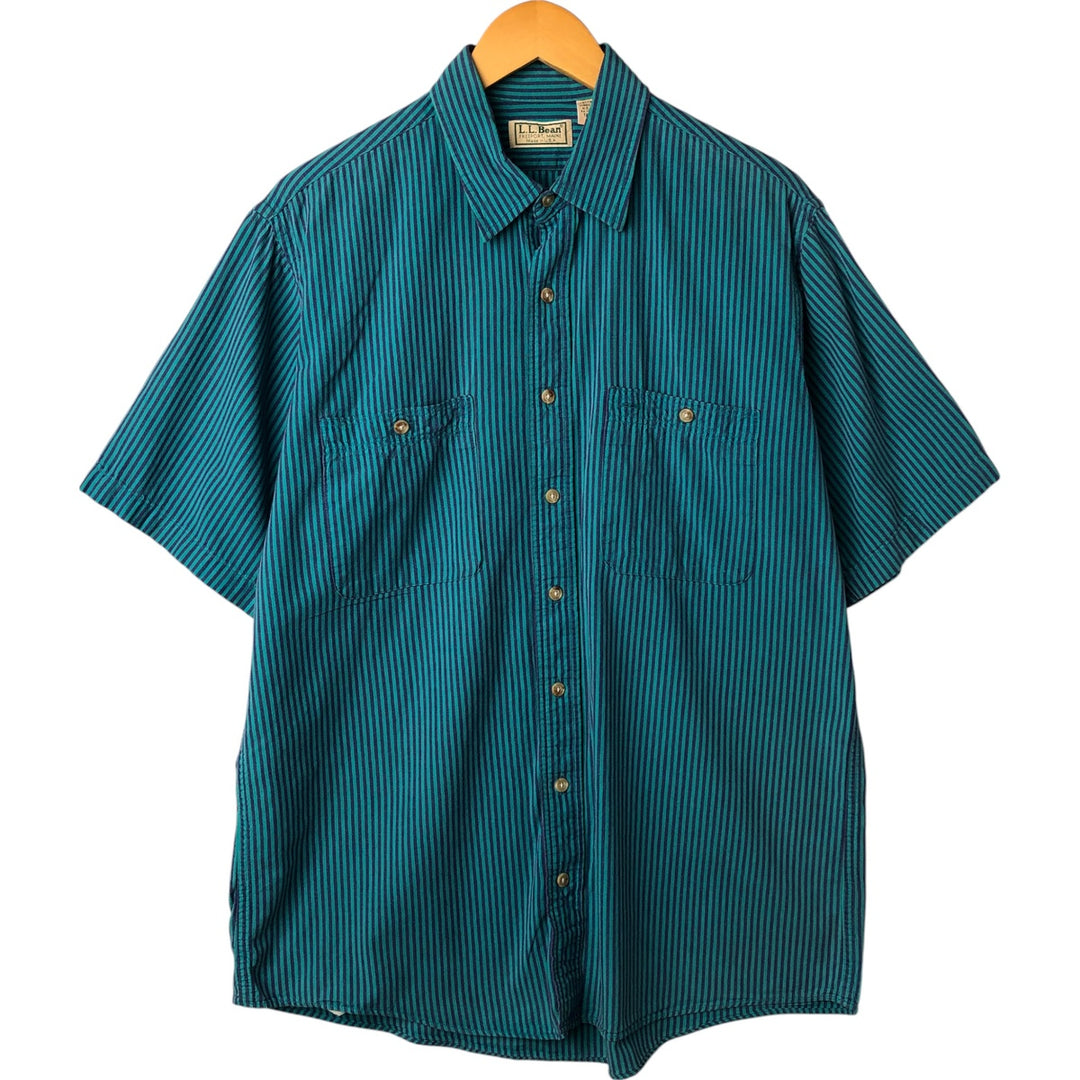 90s~ LLBean Short Sleeve Cotton Striped Shirt Made in USA Men's L Size Vintage cotton turquoise blue Vintage Second Hand