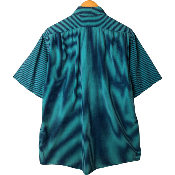 90s~ LLBean Short Sleeve Cotton Striped Shirt Made in USA Men's L Size Vintage cotton turquoise blue Vintage Second Hand