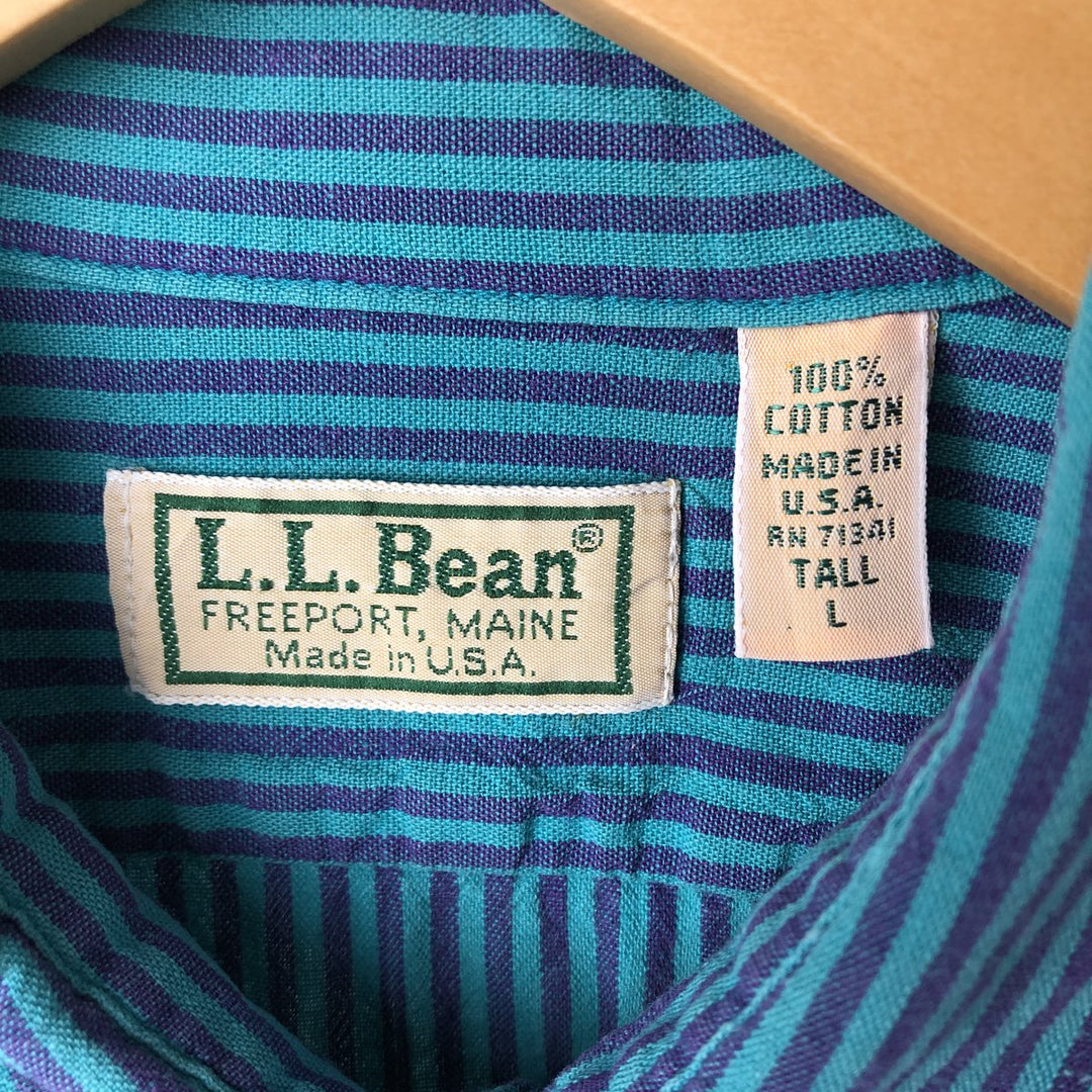 90s~ LLBean Short Sleeve Cotton Striped Shirt Made in USA Men's L Size Vintage cotton turquoise blue Vintage Second Hand