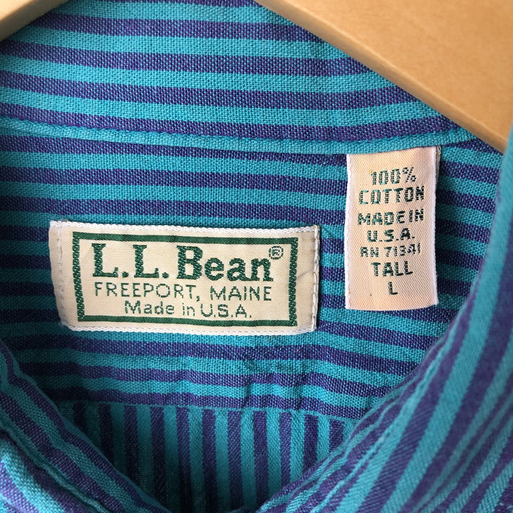 90s~ LLBean Short Sleeve Cotton Striped Shirt Made in USA Men's L Size Vintage cotton turquoise blue Vintage Second Hand