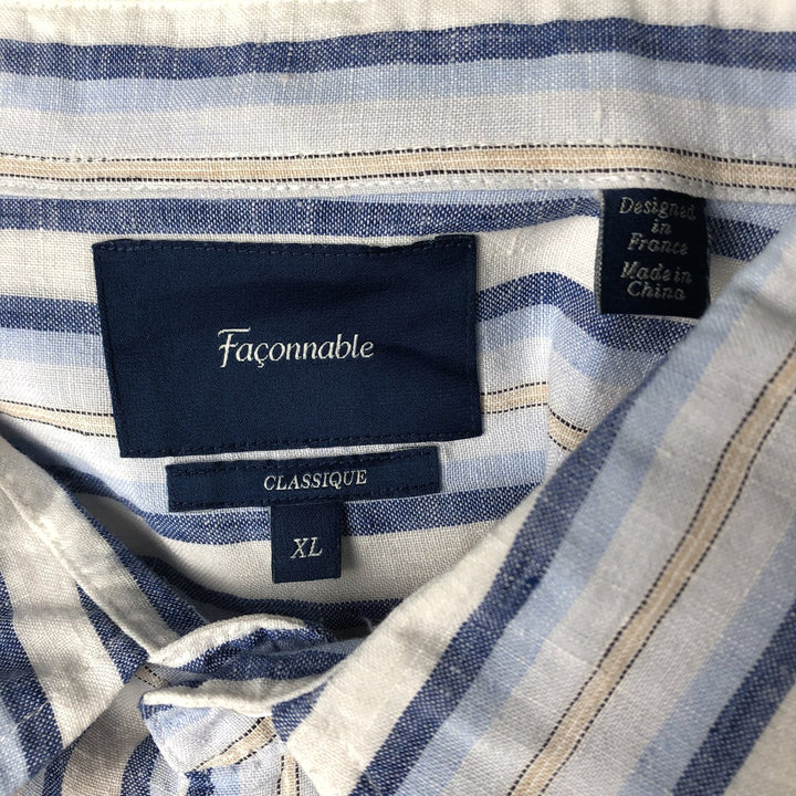 FACONNABLE Stripe Pattern Short Sleeve Linen Shirt Men's XL linen Blue type light blue Vintage Second Hand