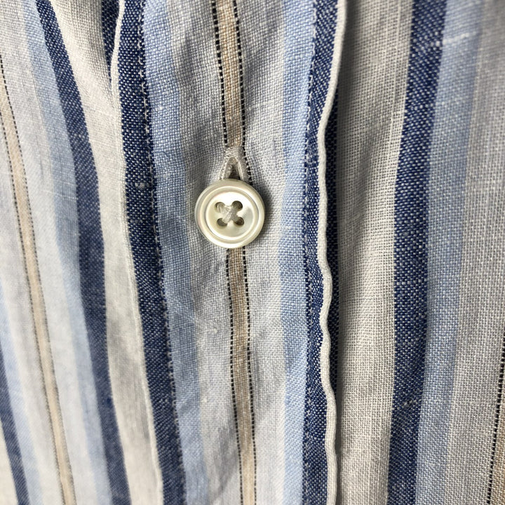 FACONNABLE Stripe Pattern Short Sleeve Linen Shirt Men's XL linen Blue type light blue Vintage Second Hand