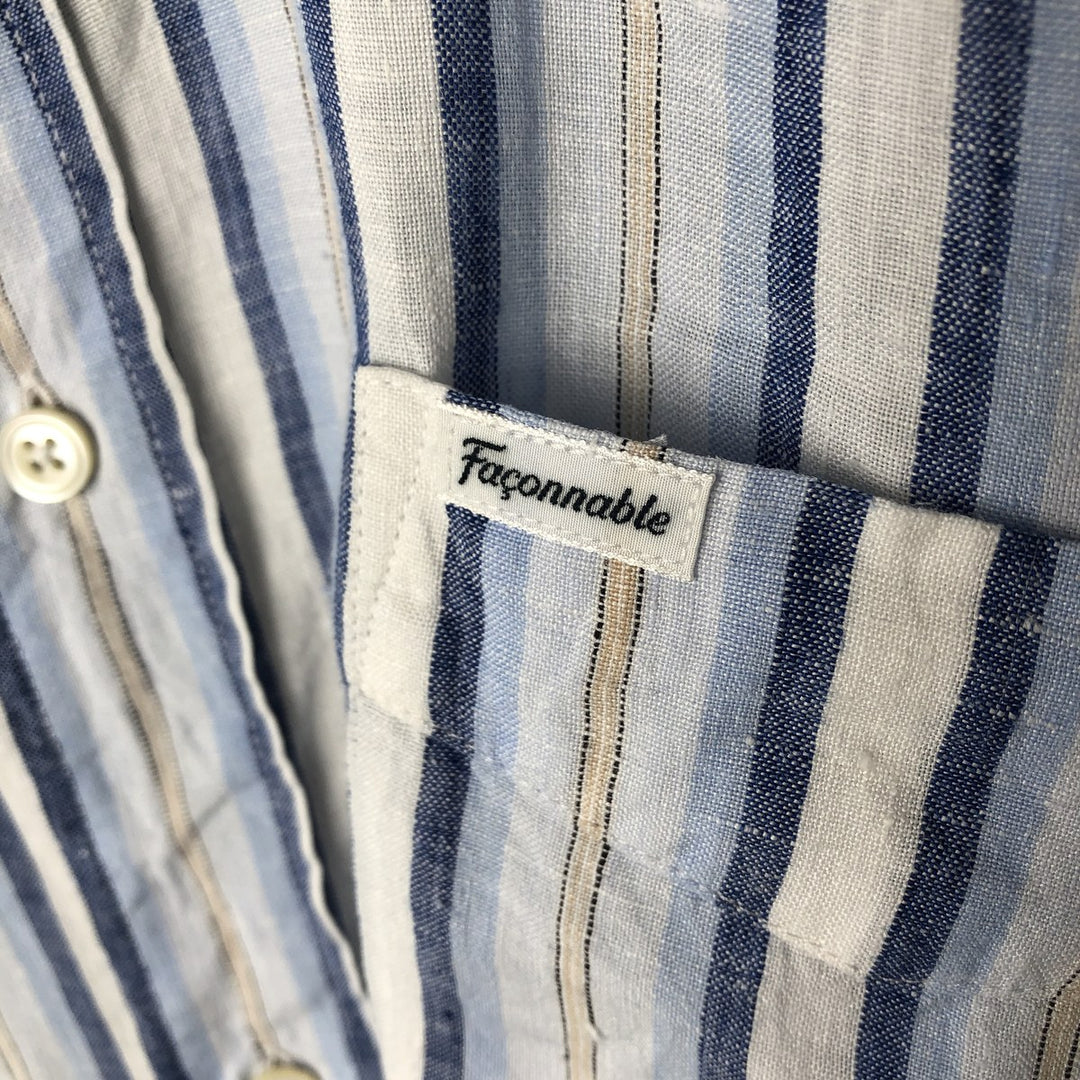 FACONNABLE Stripe Pattern Short Sleeve Linen Shirt Men's XL linen Blue type light blue Vintage Second Hand