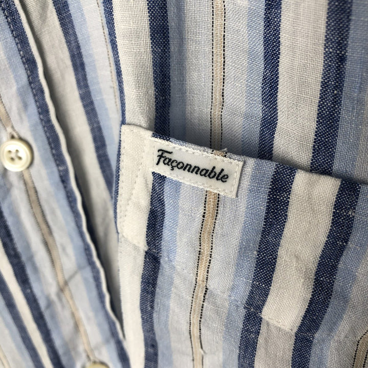 FACONNABLE Stripe Pattern Short Sleeve Linen Shirt Men's XL linen Blue type light blue Vintage Second Hand
