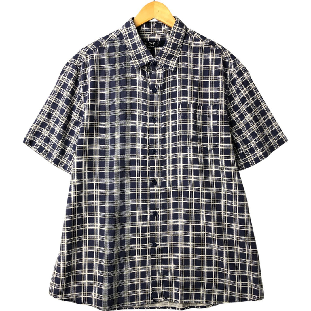 Nat Nast Check Pattern Short Sleeve Silk Shirt, Men's Size L silk navy blue type Vintage Second Hand