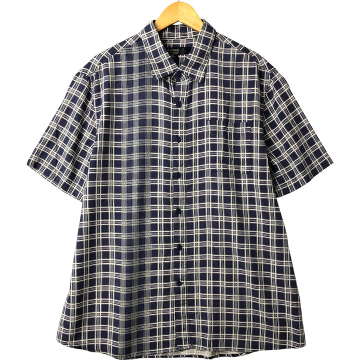 Nat Nast Check Pattern Short Sleeve Silk Shirt, Men's Size L silk navy blue type Vintage Second Hand