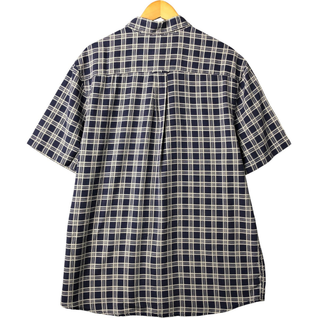 Nat Nast Check Pattern Short Sleeve Silk Shirt, Men's Size L silk navy blue type Vintage Second Hand