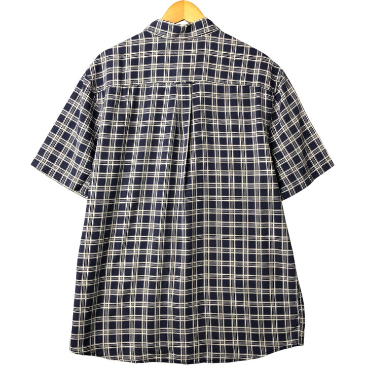 Nat Nast Check Pattern Short Sleeve Silk Shirt, Men's Size L silk navy blue type Vintage Second Hand