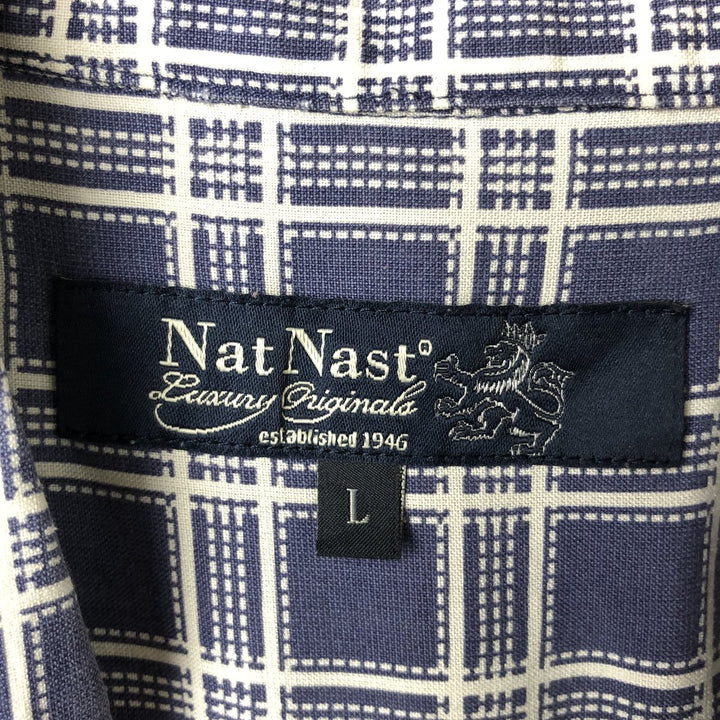 Nat Nast Check Pattern Short Sleeve Silk Shirt, Men's Size L silk navy blue type Vintage Second Hand