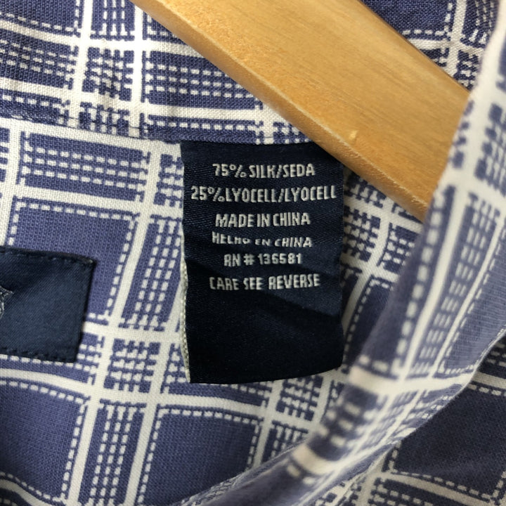 Nat Nast Check Pattern Short Sleeve Silk Shirt, Men's Size L silk navy blue type Vintage Second Hand