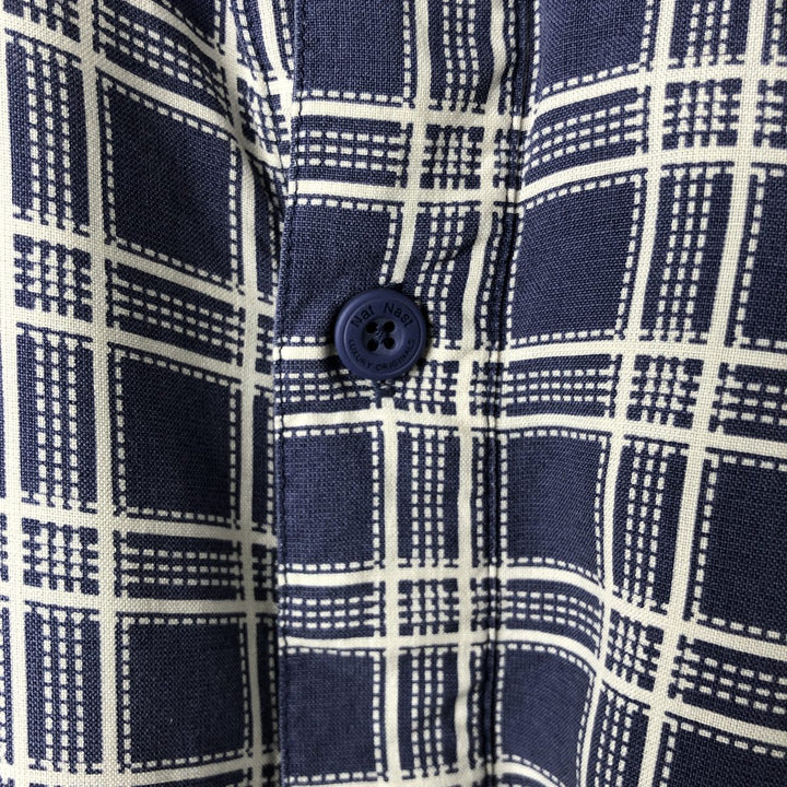 Nat Nast Check Pattern Short Sleeve Silk Shirt, Men's Size L silk navy blue type Vintage Second Hand