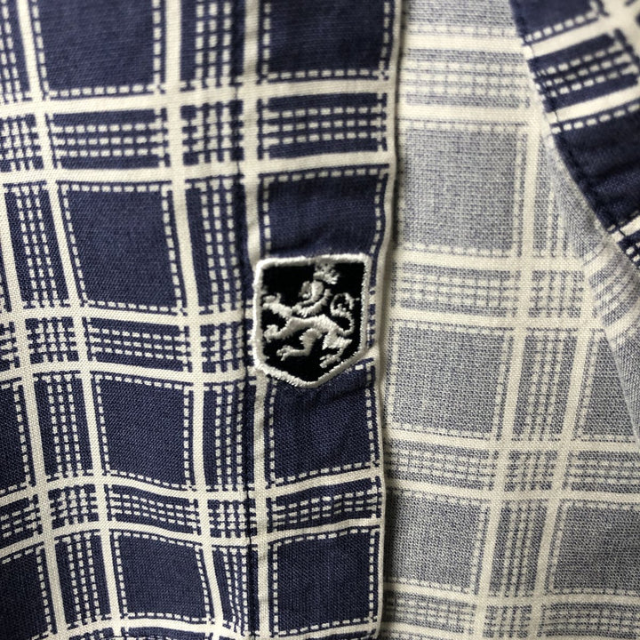 Nat Nast Check Pattern Short Sleeve Silk Shirt, Men's Size L silk navy blue type Vintage Second Hand