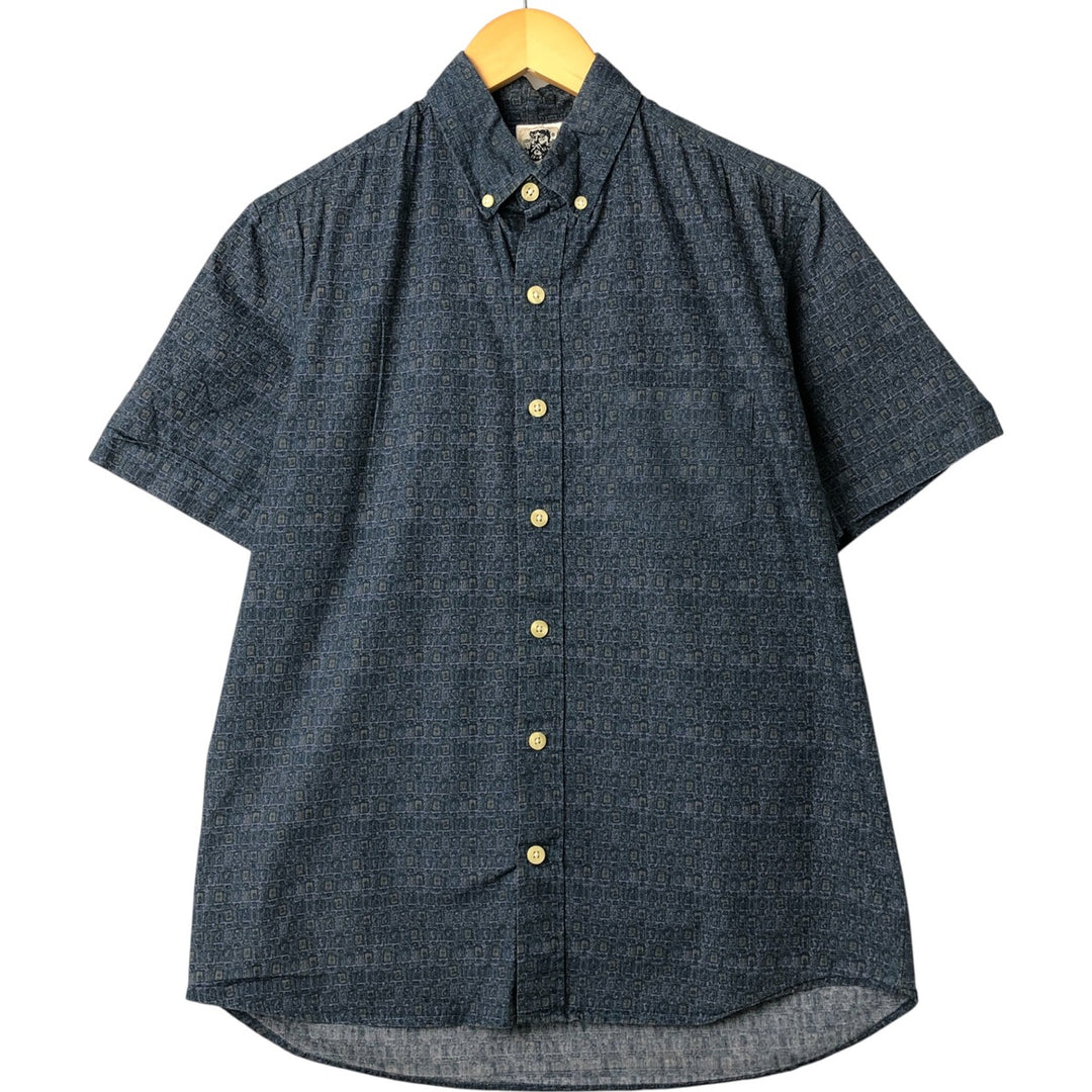 KENNINGTON All-over Print Short Sleeve Button-Down Shirt, Men's M Size cotton navy blue type Vintage Second Hand