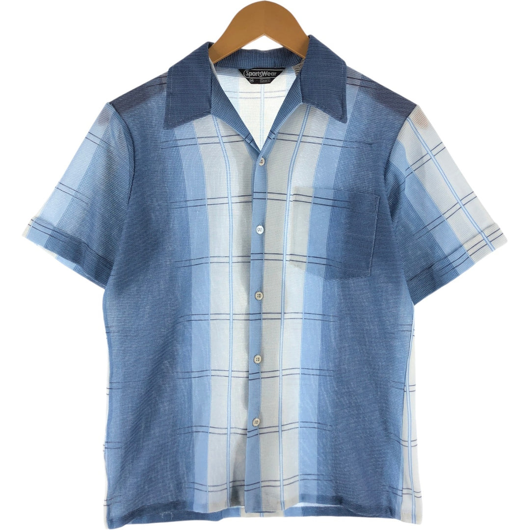70'S Sears SPORTSWEAR all-over print skipper collar short sleeve poly shirt box shirt men's M size vintage polyester Blue type light blue Vintage Second Hand