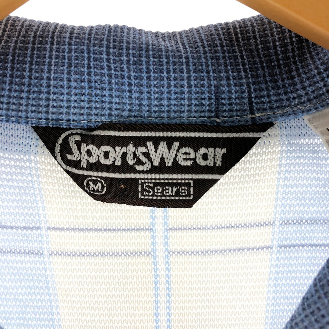 70'S Sears SPORTSWEAR all-over print skipper collar short sleeve poly shirt box shirt men's M size vintage polyester Blue type light blue Vintage Second Hand