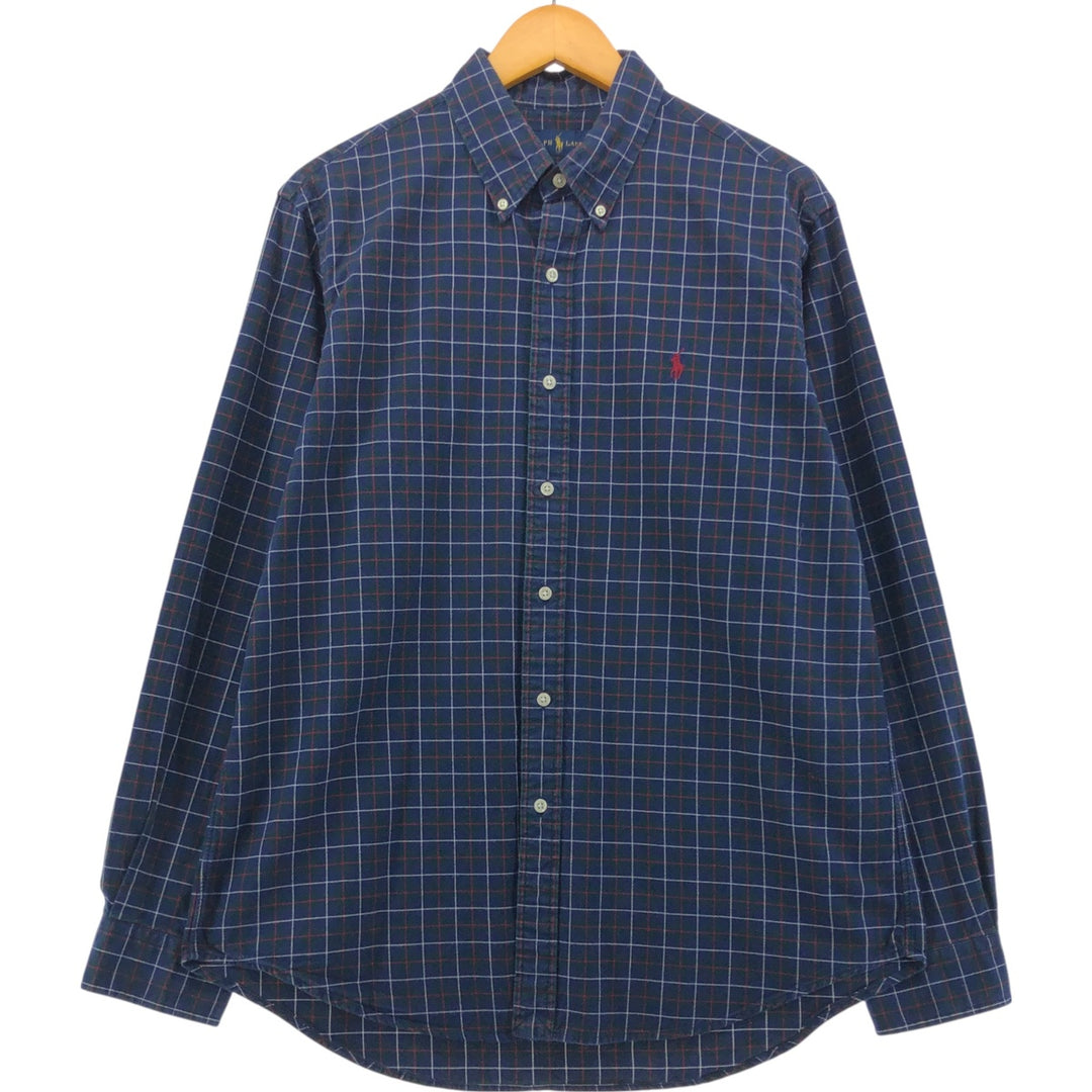 Ralph Lauren long sleeve button down check shirt, men's size L cotton navy blue type Vintage Second Hand