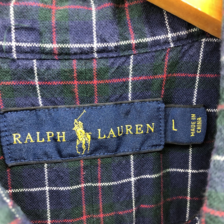 Ralph Lauren long sleeve button down check shirt, men's size L cotton navy blue type Vintage Second Hand