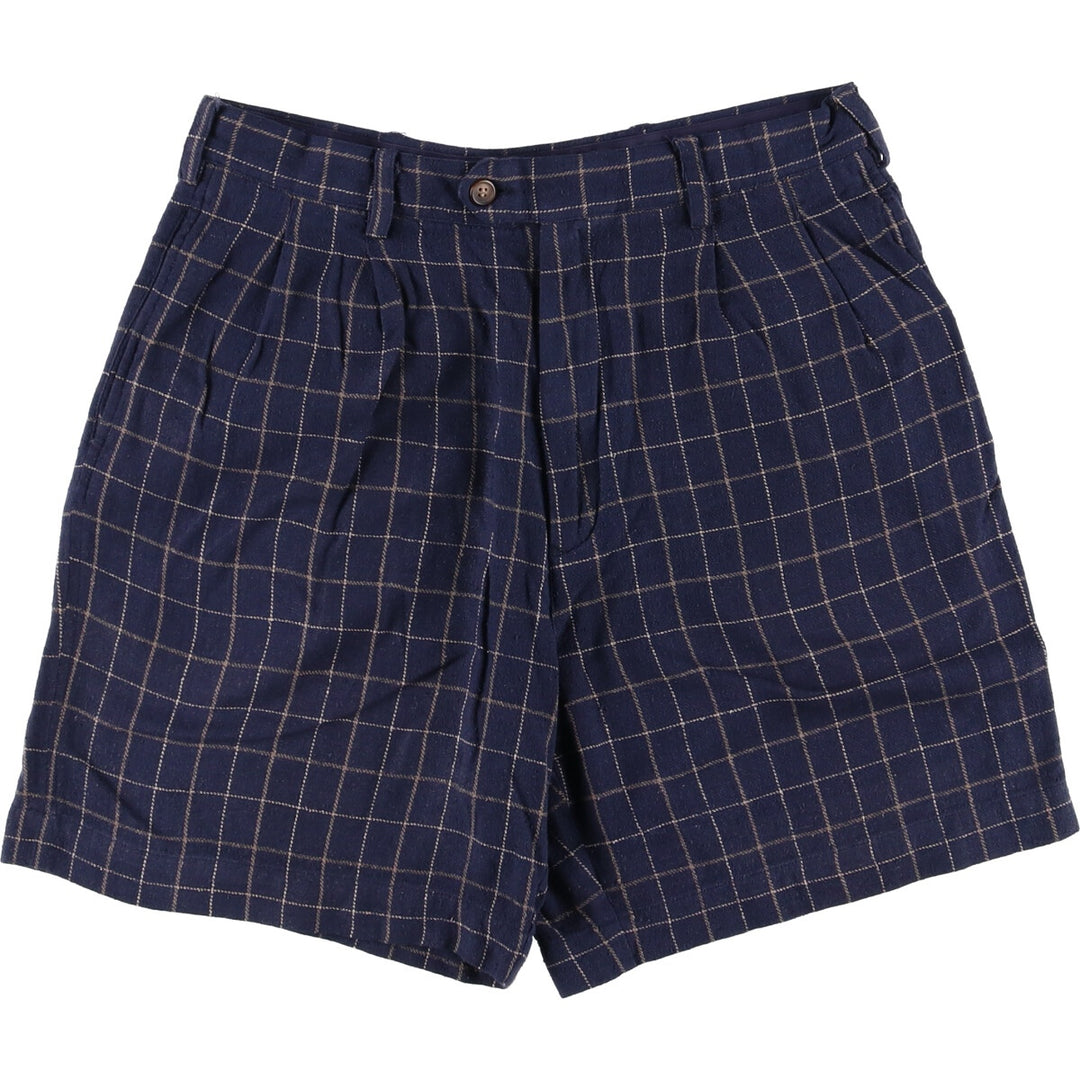 90'S Ralph Lauren Chaps Check Pattern Two-pleat Silk Shorts Short Pants Men's W32 Vintage silk navy blue type Vintage Second Hand