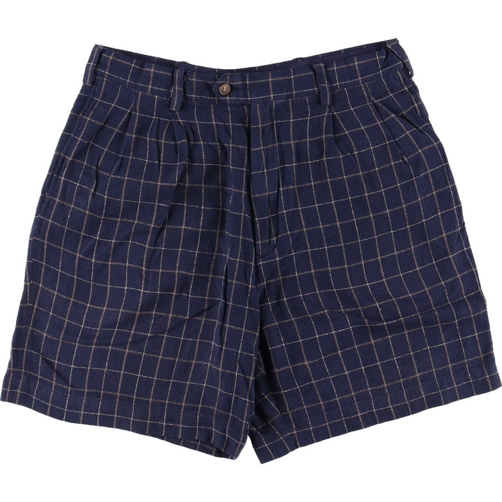 90'S Ralph Lauren Chaps Check Pattern Two-pleat Silk Shorts Short Pants Men's W32 Vintage silk navy blue type Vintage Second Hand