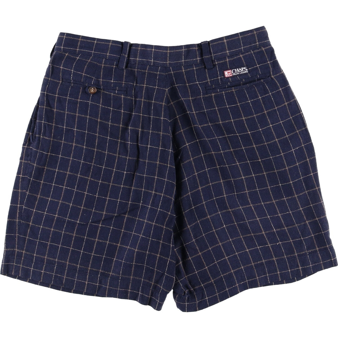 90'S Ralph Lauren Chaps Check Pattern Two-pleat Silk Shorts Short Pants Men's W32 Vintage silk navy blue type Vintage Second Hand