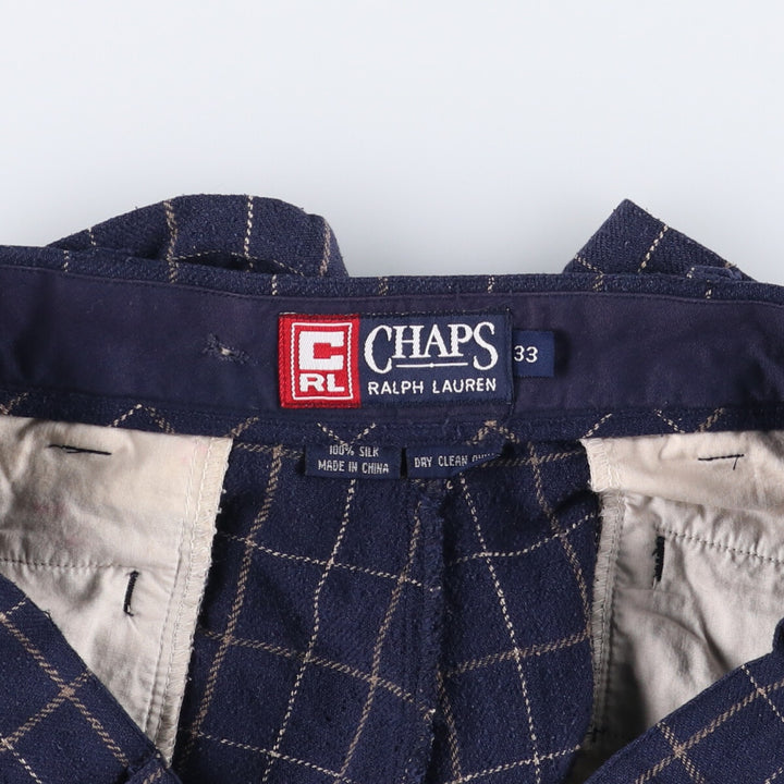 90'S Ralph Lauren Chaps Check Pattern Two-pleat Silk Shorts Short Pants Men's W32 Vintage silk navy blue type Vintage Second Hand