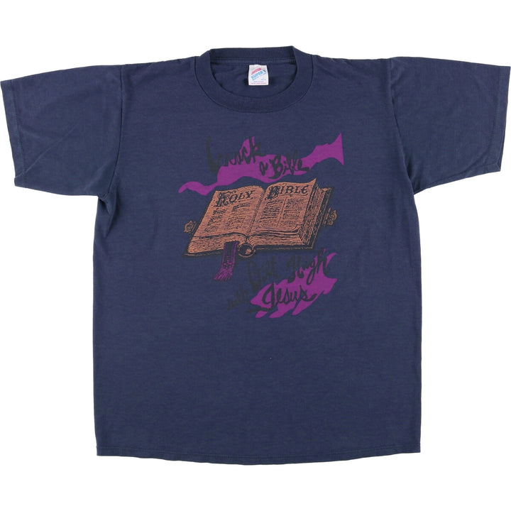 Jerzees SUPER T Printed T-Shirt, Made in USA, Men's Size L cotton navy blue type Vintage Second Hand