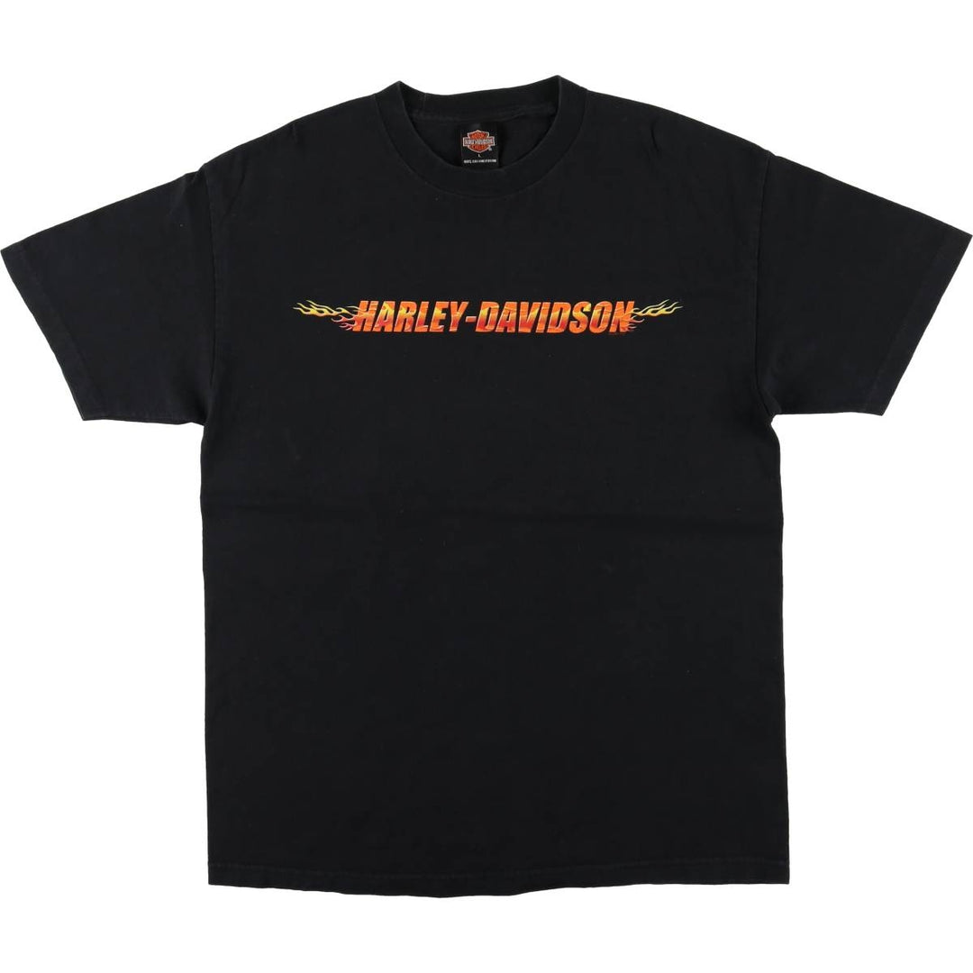 00'S Harley-Davidson Fire Pattern Motorcycle Bike T-Shirt Men's L size cotton black type Vintage Second Hand
