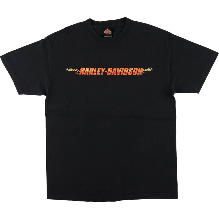00'S Harley-Davidson Fire Pattern Motorcycle Bike T-Shirt Men's L size cotton black type Vintage Second Hand