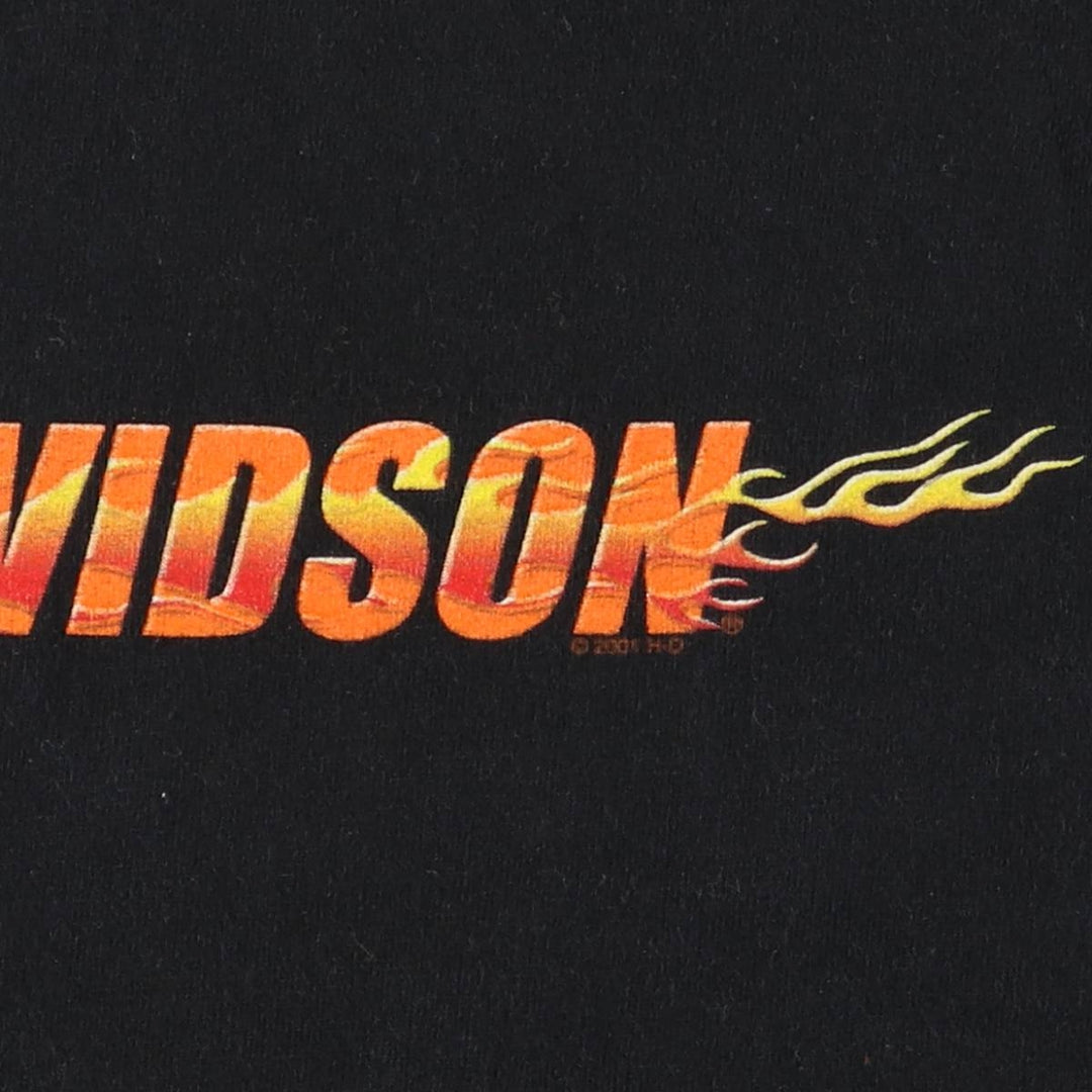 00'S Harley-Davidson Fire Pattern Motorcycle Bike T-Shirt Men's L size cotton black type Vintage Second Hand