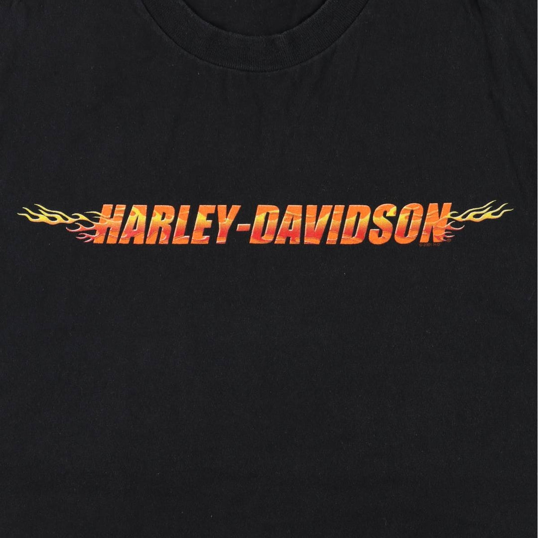 00'S Harley-Davidson Fire Pattern Motorcycle Bike T-Shirt Men's L size cotton black type Vintage Second Hand