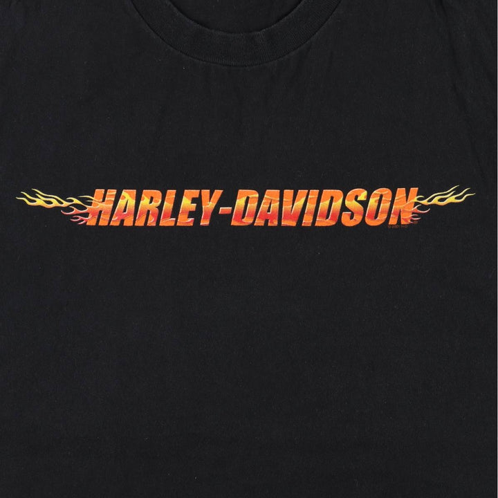 00'S Harley-Davidson Fire Pattern Motorcycle Bike T-Shirt Men's L size cotton black type Vintage Second Hand