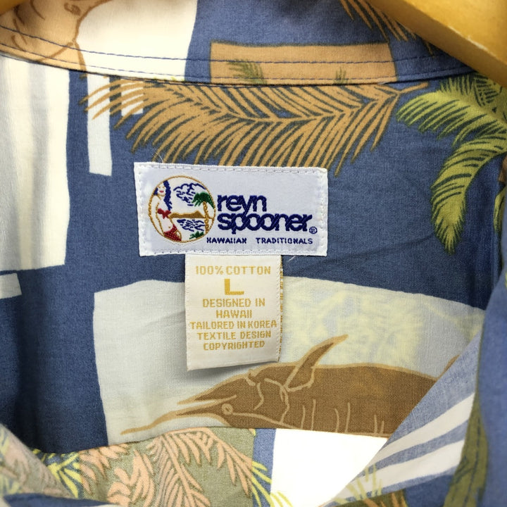 90'S Reyn Spooner swimsuit tag, bikini tag, all-over print, Hawaiian aloha shirt, box shirt, men's size L, vintage cotton blue type Vintage Second Hand