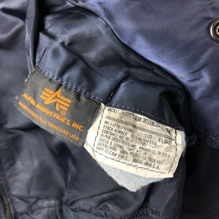 90'S civilian Alpha MA-1 style padded military flight jacket, made in the USA, men's size XL, vintage Nylon navy blue type Vintage Second Hand