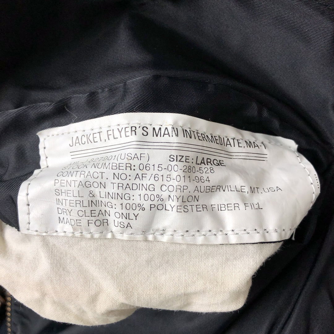 1990'S Civilian Alpha MA-1 Style Padded Military Flight Jacket, Made in USA, Men's Size L, Vintage Nylon black type Vintage Second Hand