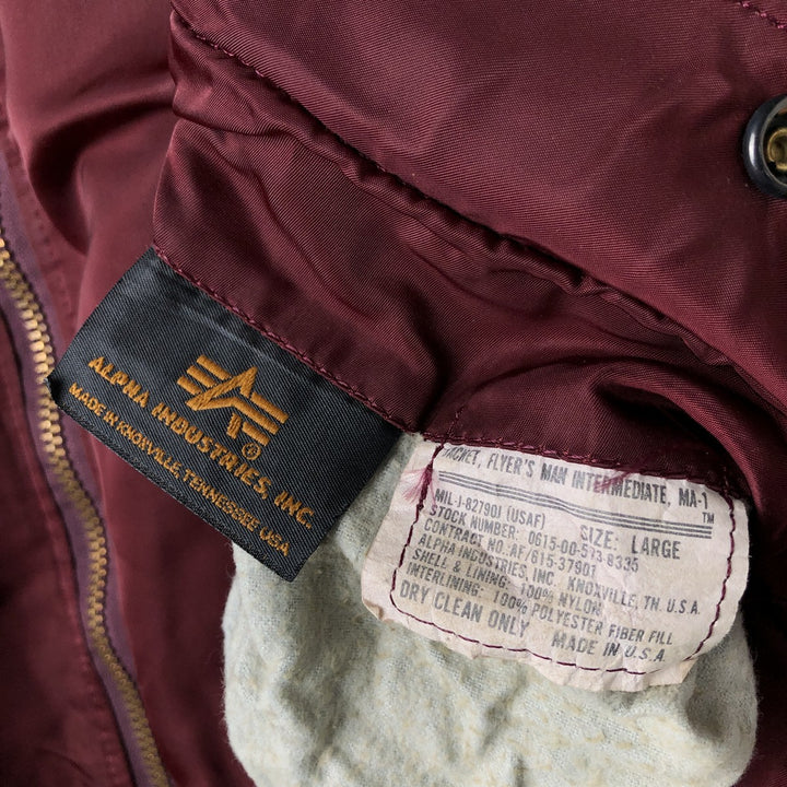 90'S civilian Alpha MA-1 style padded military flight jacket, made in the USA, men's size L, vintage Nylon burgundy type Vintage Second Hand