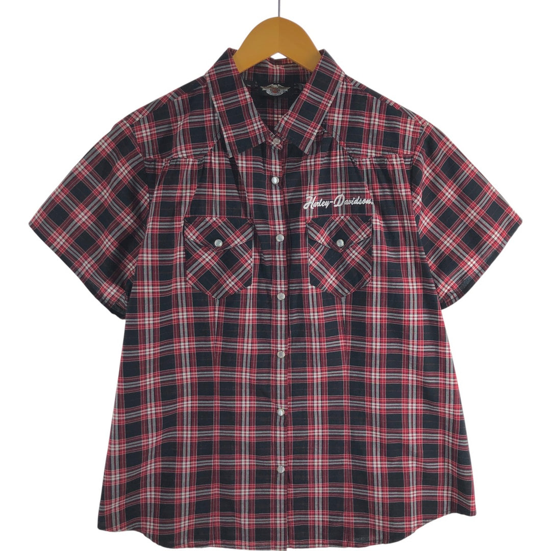 Harley-Davidson Check Pattern Short Sleeve Western Shirt, Women's Size L cotton black type Vintage Second Hand