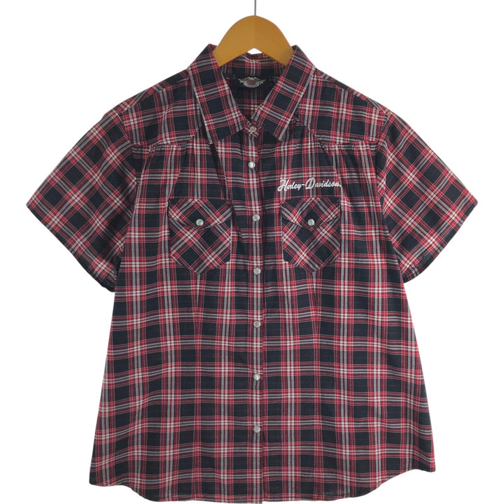 Harley-Davidson Check Pattern Short Sleeve Western Shirt, Women's Size L cotton black type Vintage Second Hand