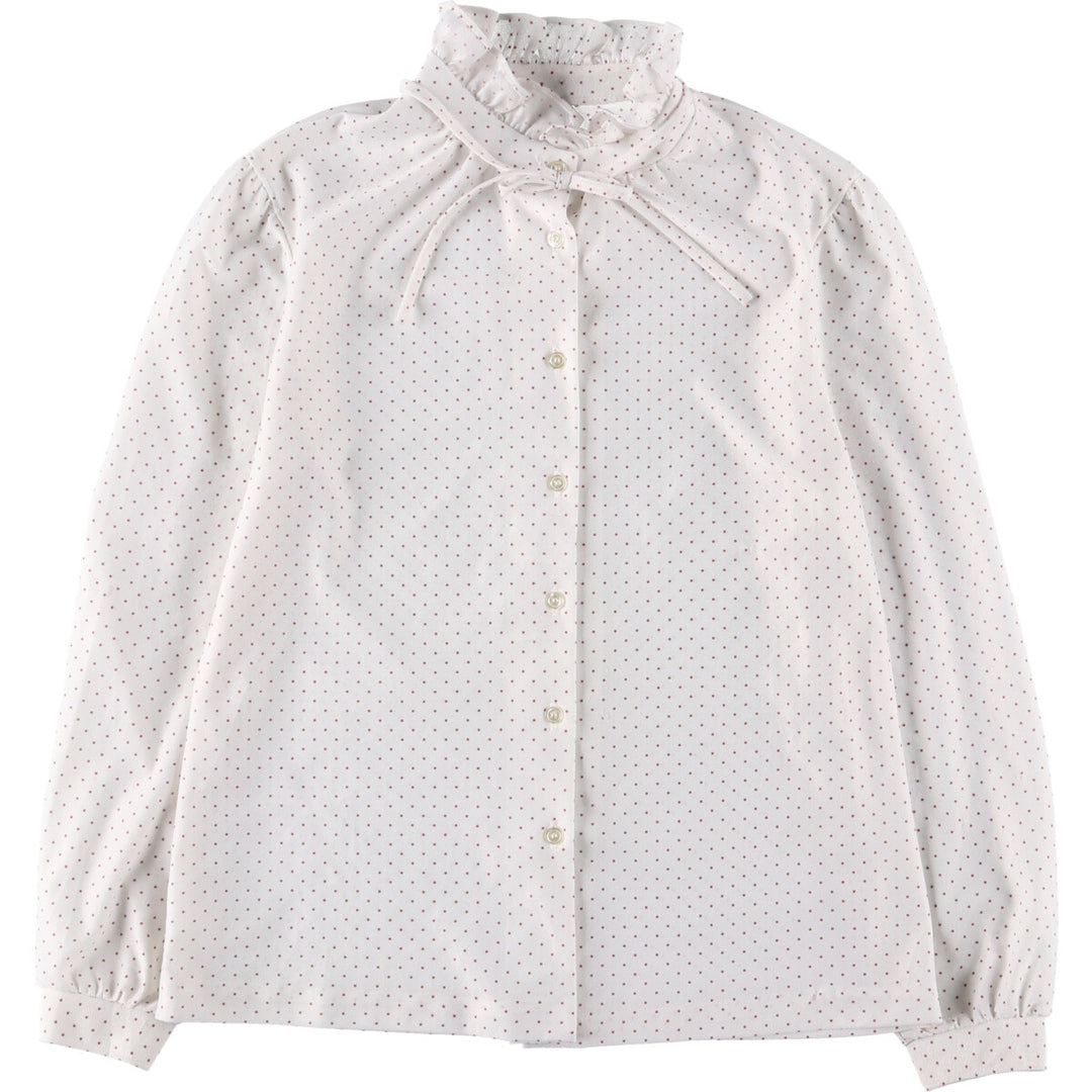 Dot Pattern Frill Collar with Ribbon Long Sleeve Frill Blouse Women's M Size unclear white type Vintage Second Hand
