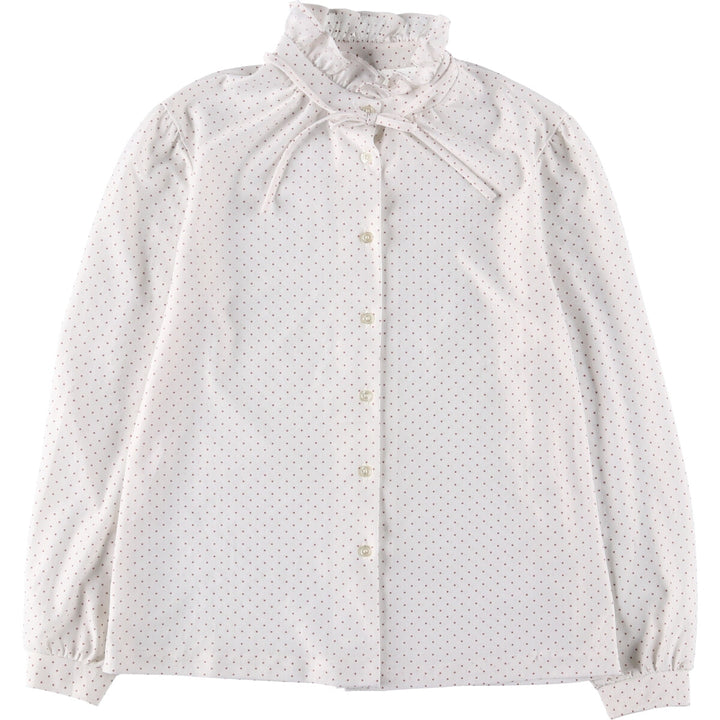 Dot Pattern Frill Collar with Ribbon Long Sleeve Frill Blouse Women's M Size unclear white type Vintage Second Hand