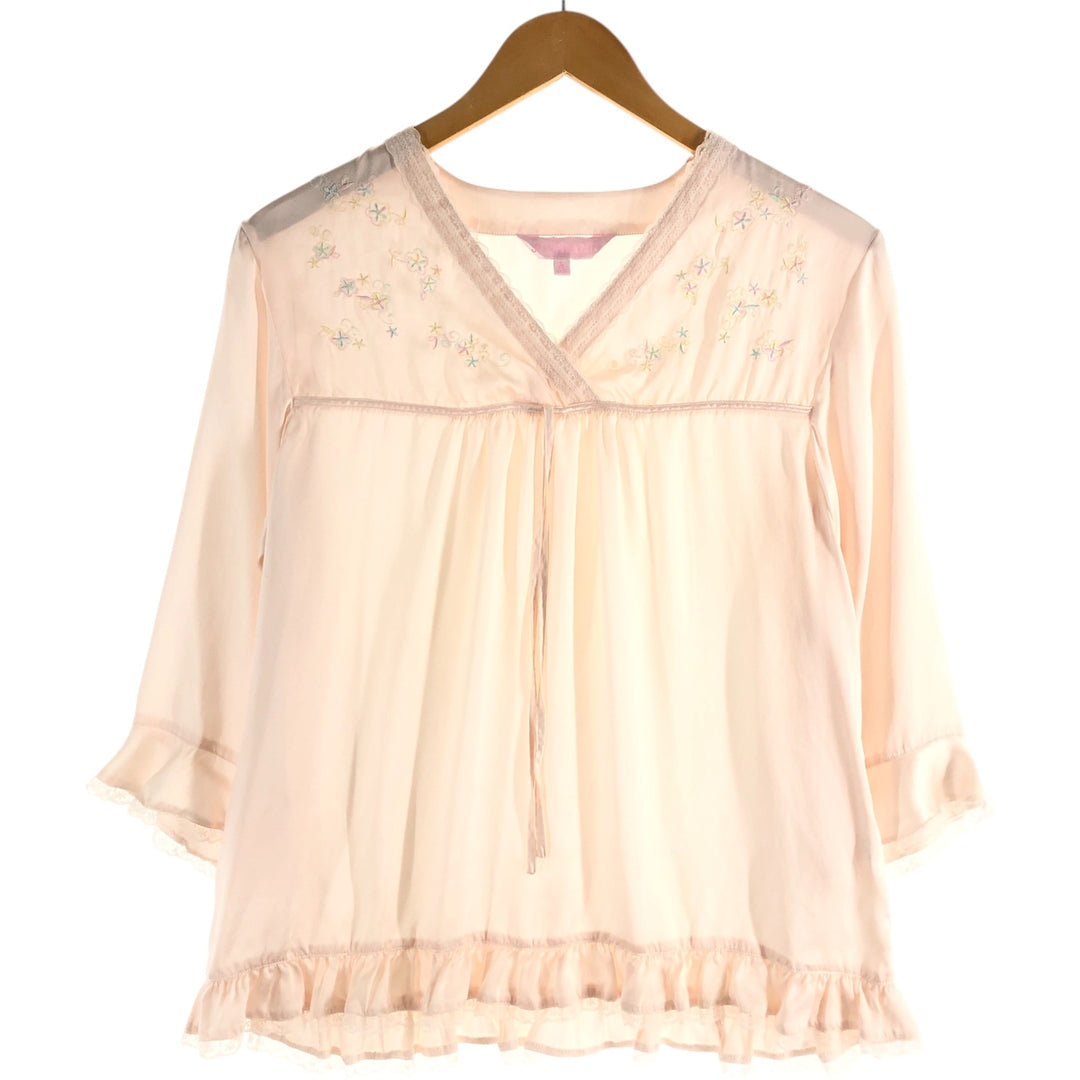 JI HANG 3/4 Sleeve V-Neck Ruffled Silk Pajama Shirt for Women (Size L) silk pink type Vintage Second Hand