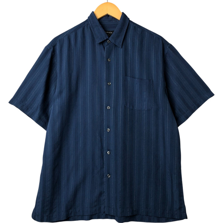 VAN HEUSEN Stripe Pattern Short Sleeve Rayon Shirt Box Shirt Men's L size Rayon navy blue type Vintage Second Hand