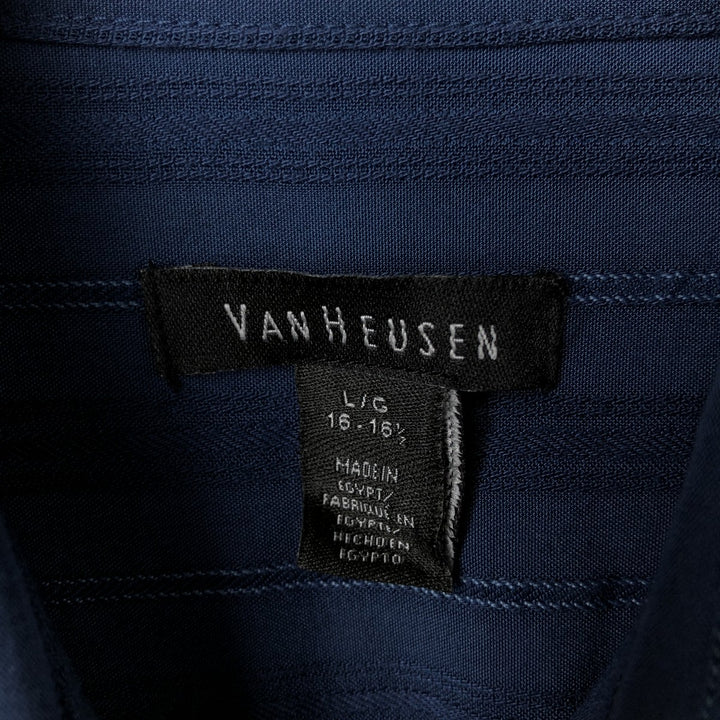 VAN HEUSEN Stripe Pattern Short Sleeve Rayon Shirt Box Shirt Men's L size Rayon navy blue type Vintage Second Hand