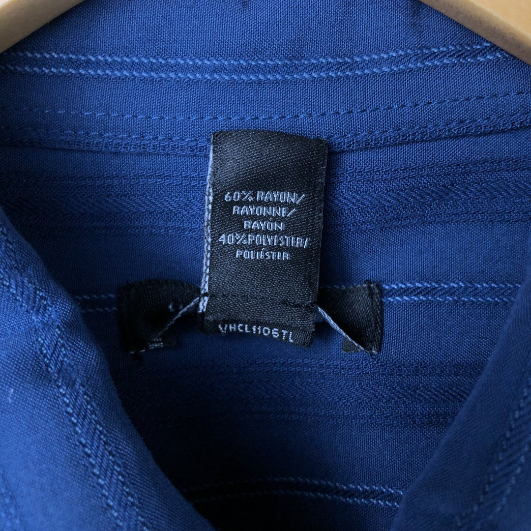 VAN HEUSEN Stripe Pattern Short Sleeve Rayon Shirt Box Shirt Men's L size Rayon navy blue type Vintage Second Hand