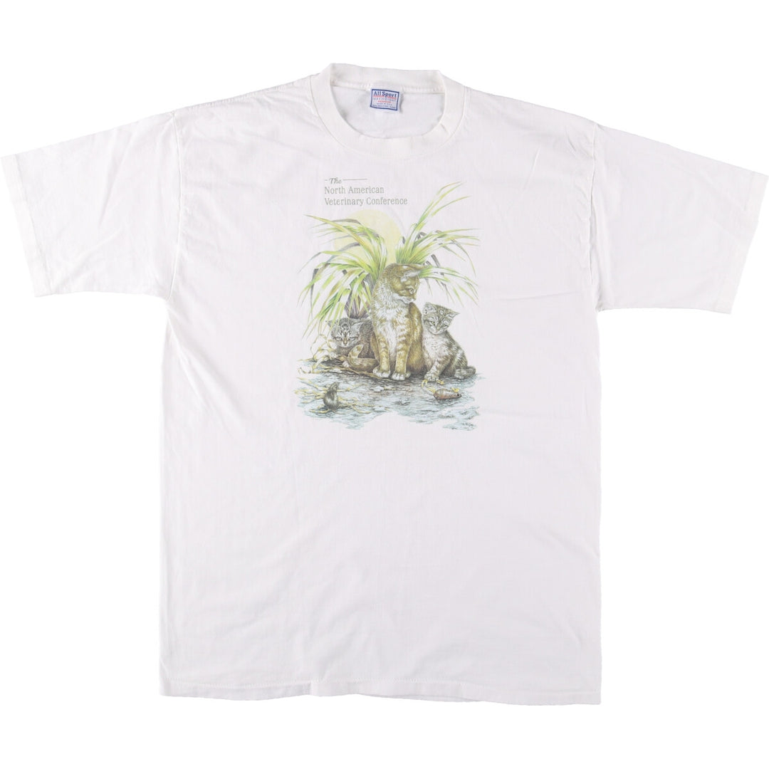 90'S All Sport Cat Pattern Animal T-shirt Made in USA Men's XL Vintage cotton white type Vintage Second Hand
