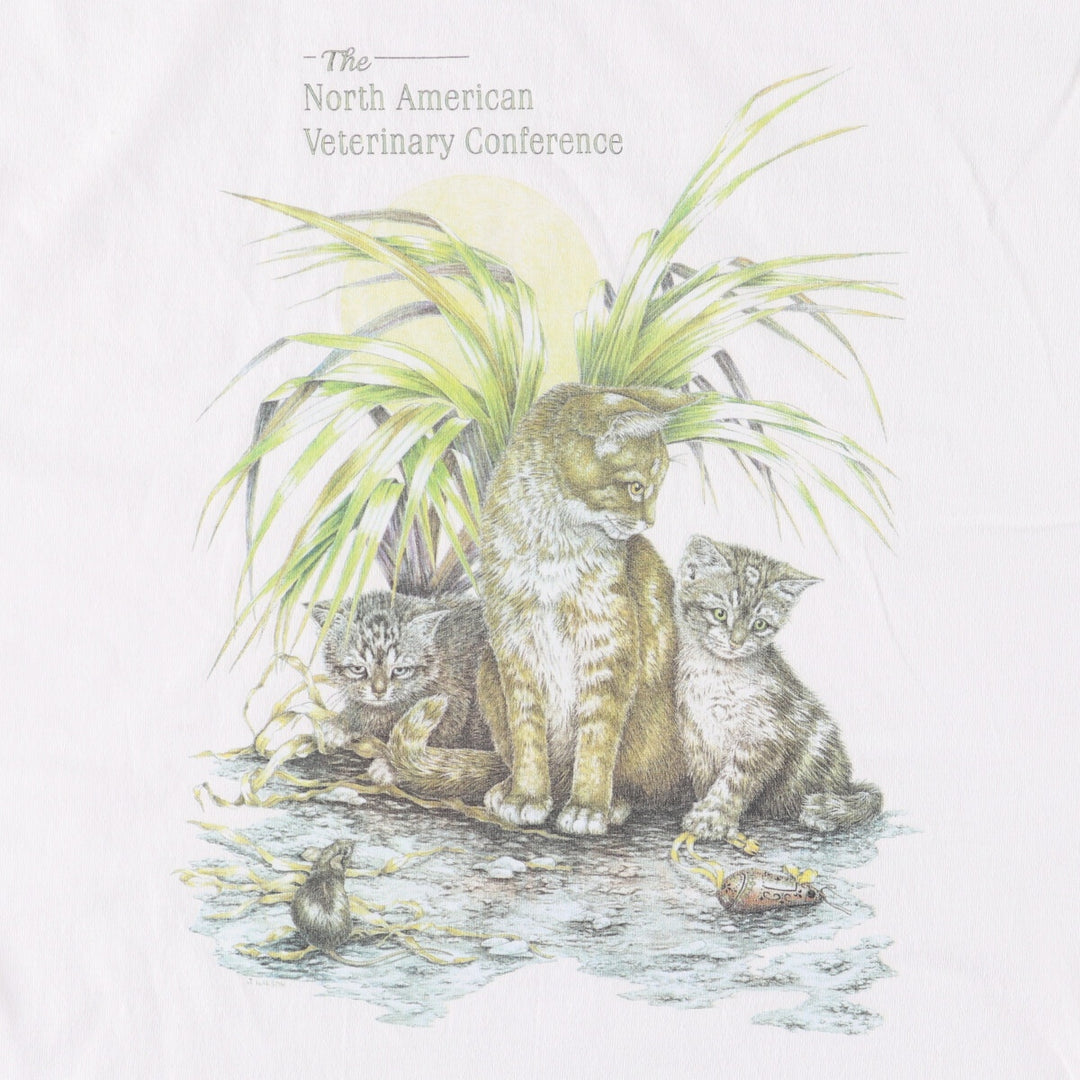 90'S All Sport Cat Pattern Animal T-shirt Made in USA Men's XL Vintage cotton white type Vintage Second Hand
