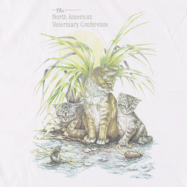 90'S All Sport Cat Pattern Animal T-shirt Made in USA Men's XL Vintage cotton white type Vintage Second Hand